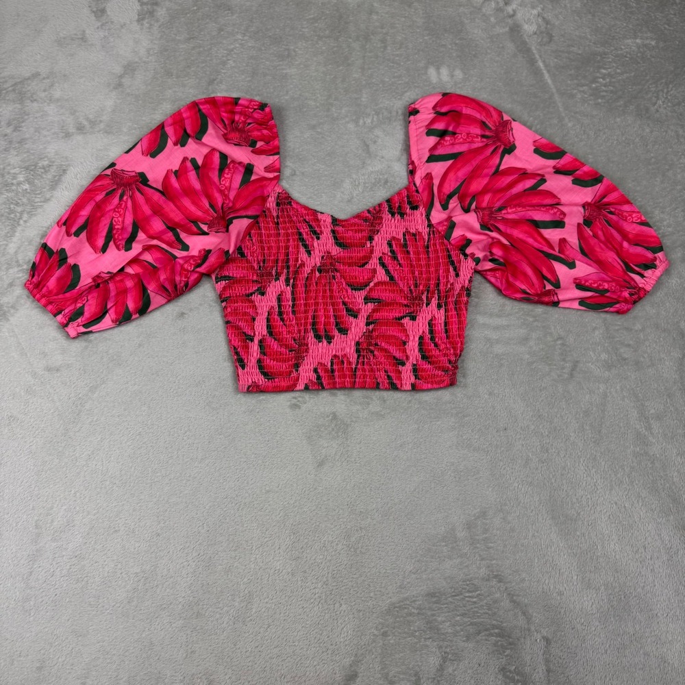 HT 360 Collective Women's Small Pink Banana Print Smocked Puff Sleeve Crop Top